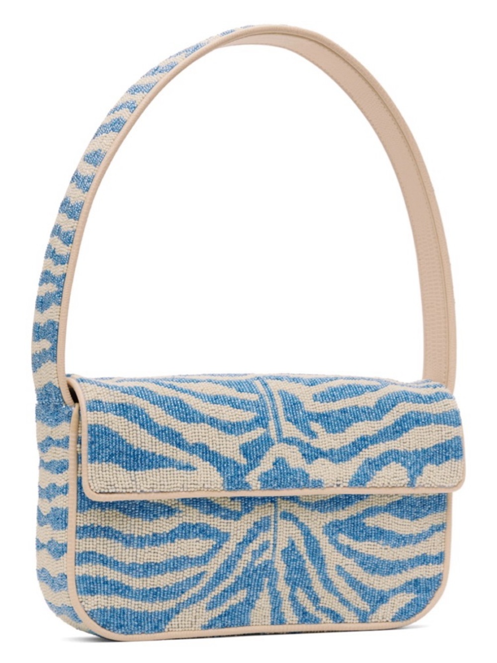 STAUD Tommy Bag: Beaded Zebra-Print Shoulder Bag in Blue and Cream